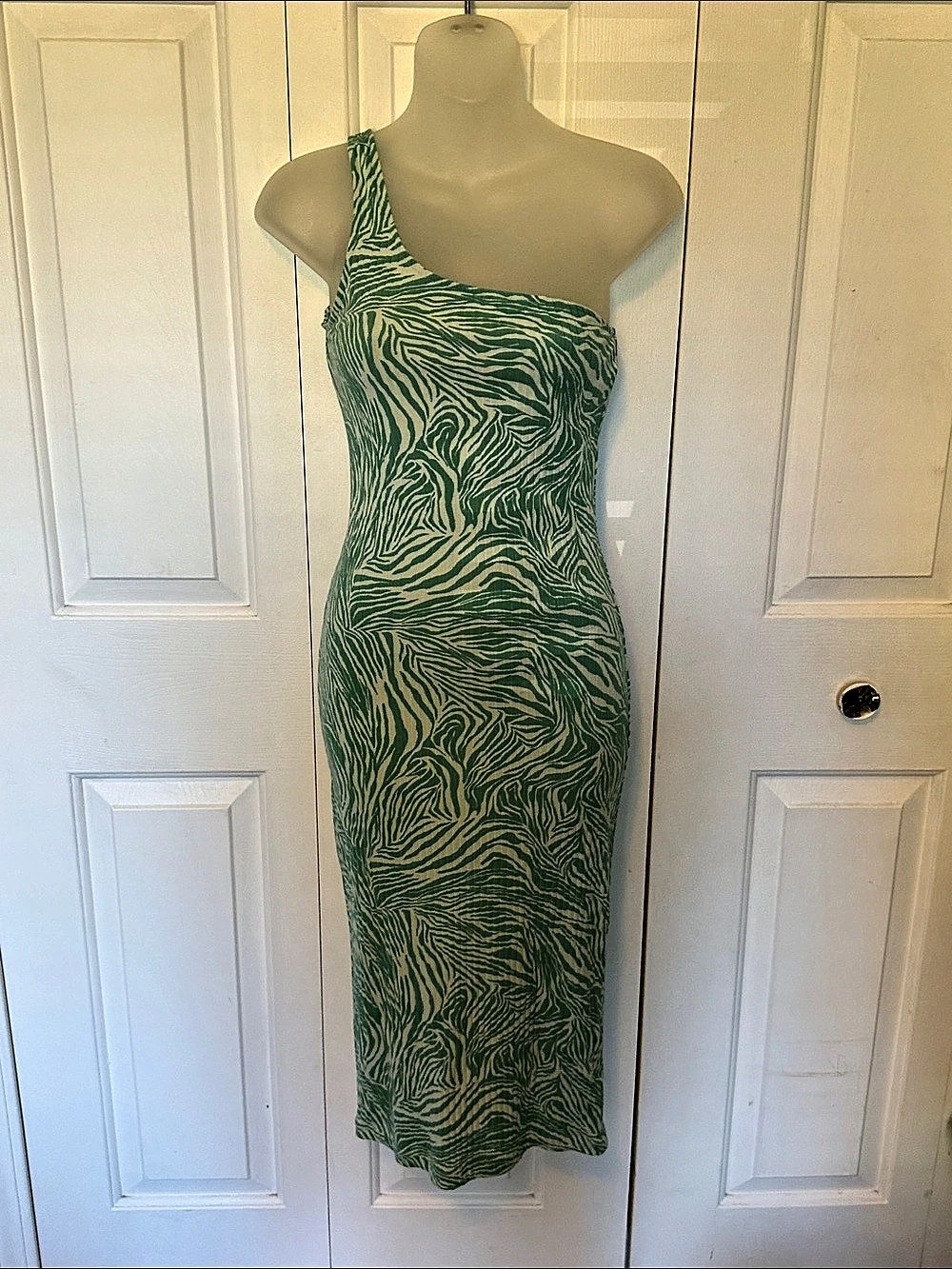 Nine West Green & White Animal Print One Shoulder Dress Size S NWT bL5